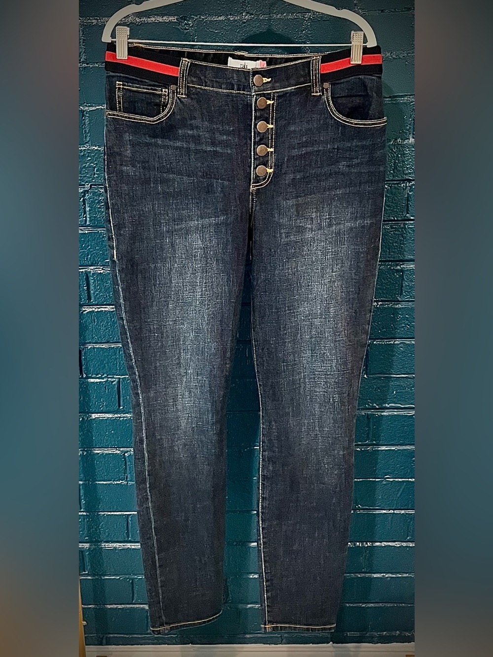 High-Rise Button-Fly Women’s Jeans in Dark Wash with Red Accent Waistband